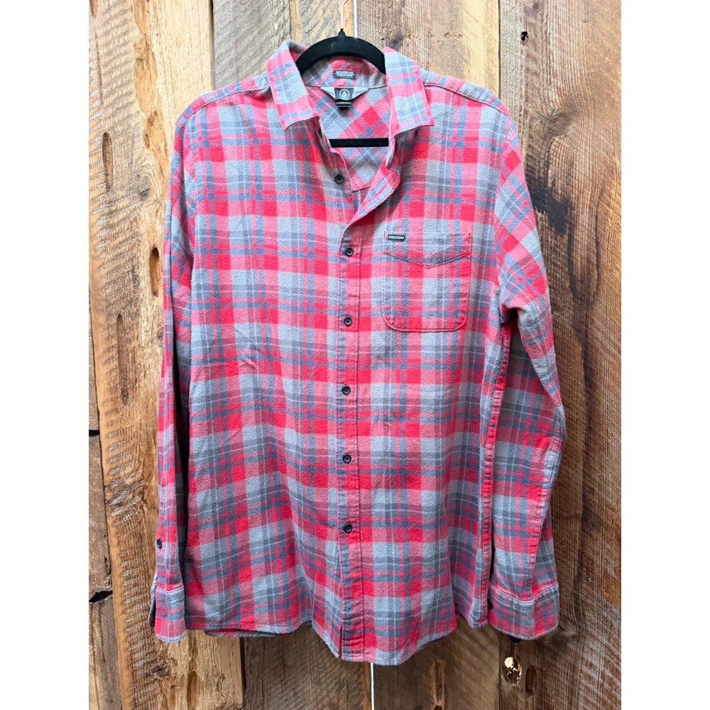 Volcom Mens XL Plaid Flannel Shirt Red Gray Skater Grunge Y2K Workwear